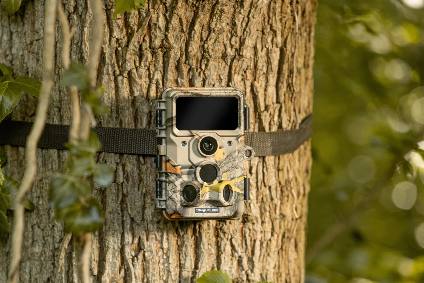 Wildlife camera with camouflage pattern attached to a tree in the forest