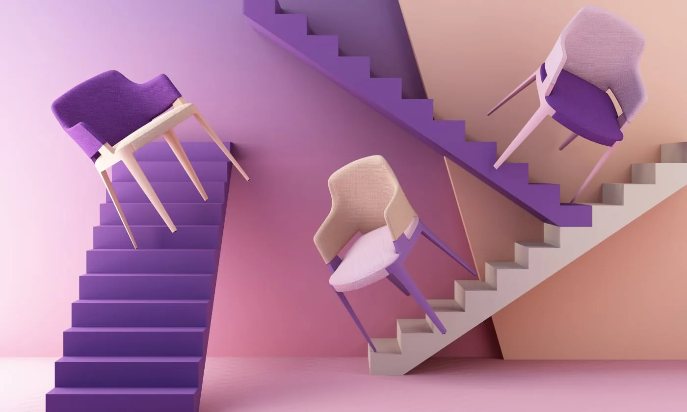 Purple and pale-pink chairs on steps in a pink and purple room