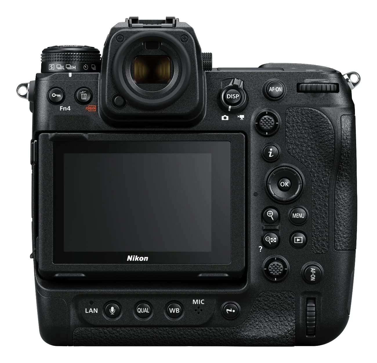 Achterzijde van de Nikon Z9 met zoeker, kantelbaar scherm en bedieningsknoppen.