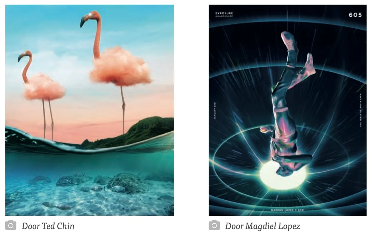 Surreal image of flamingos in a landscape with double exposure