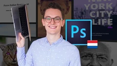 Presentator van een online Photoshop-cursus met laptop en Photoshop-logo