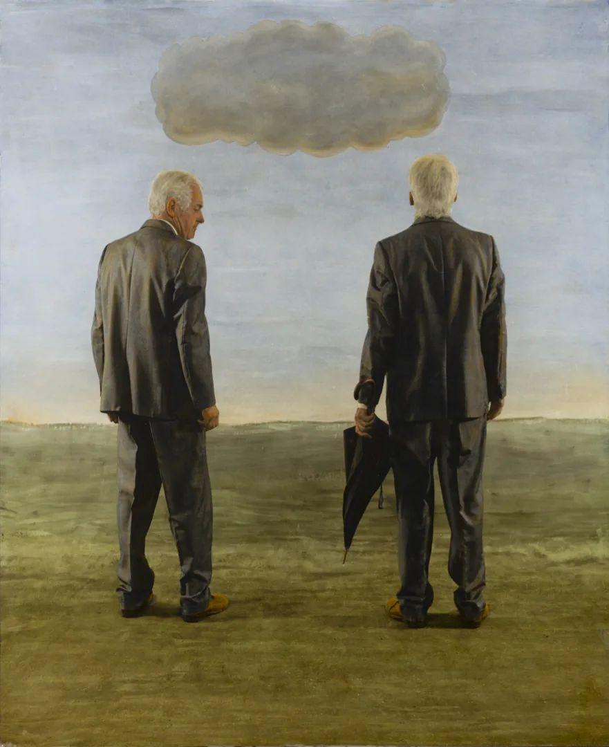Playful image of two identical men in suits, one holding an umbrella while the other looks at it