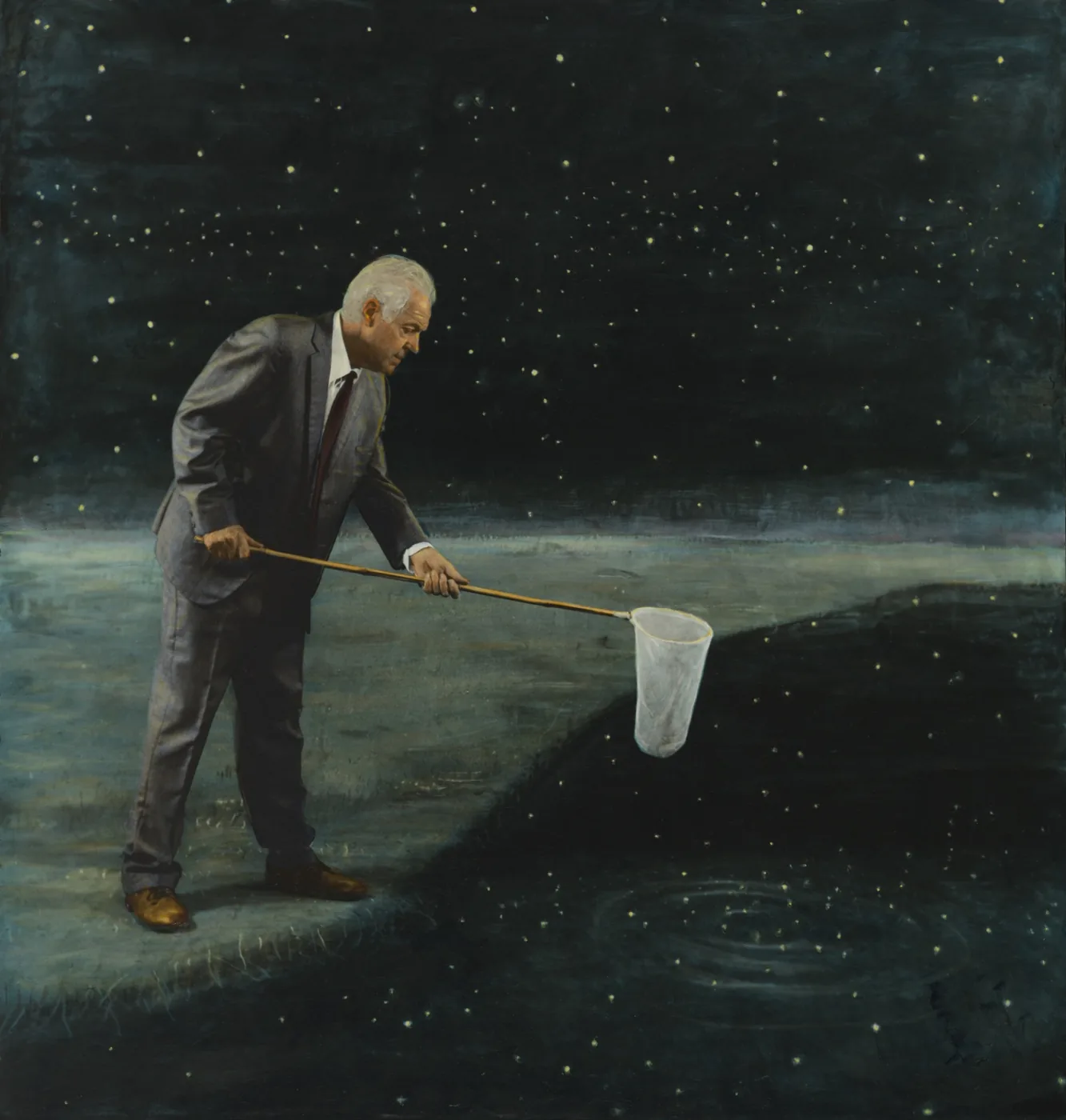 Playful image of an older man in a suit holding a landing net as though fishing in a river beneath a starry sky