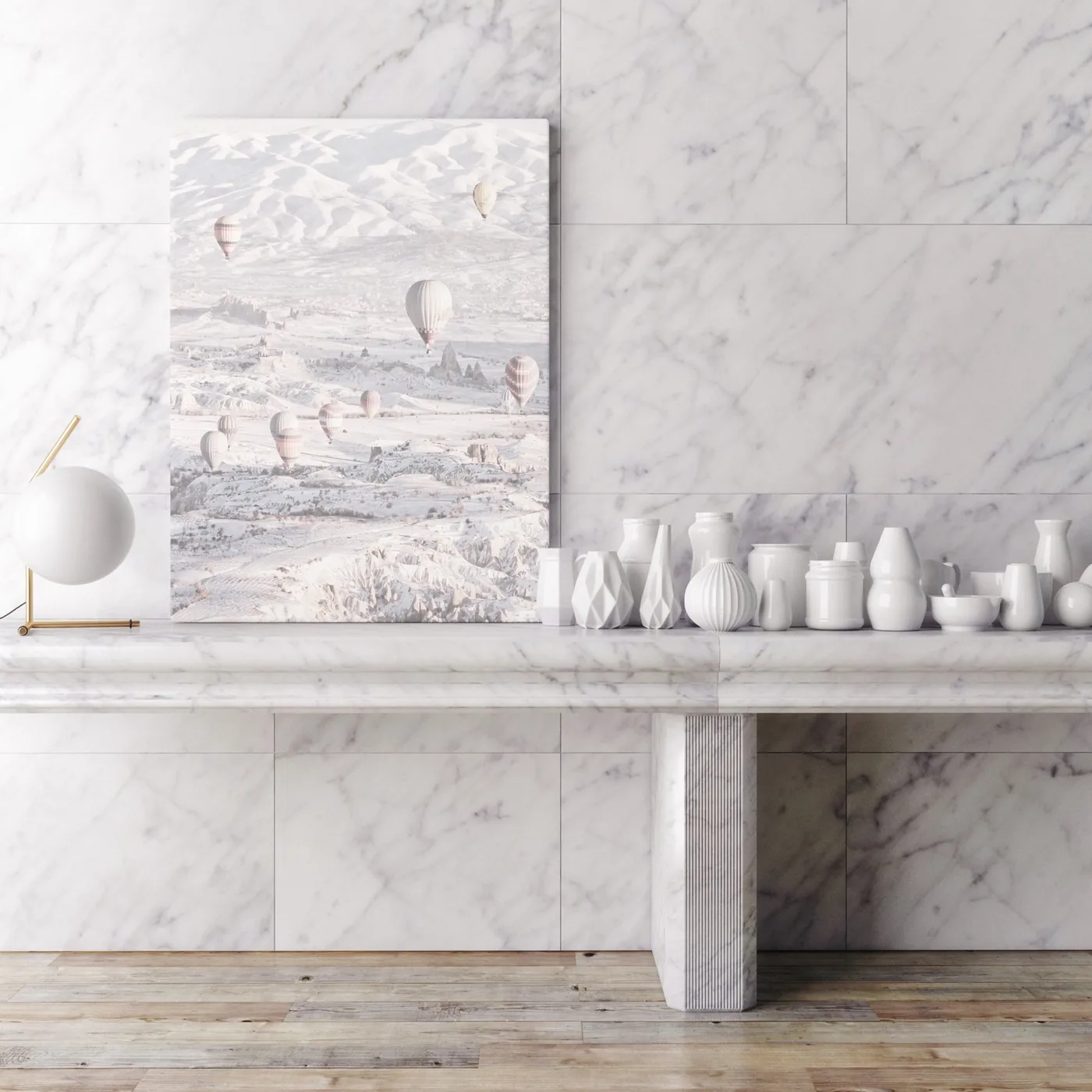 Marble interior with a canvas print displayed on a table