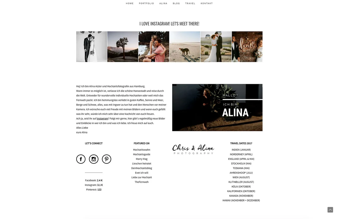 Website of wedding photographer Alina Atzler with Instagram photos and social media buttons