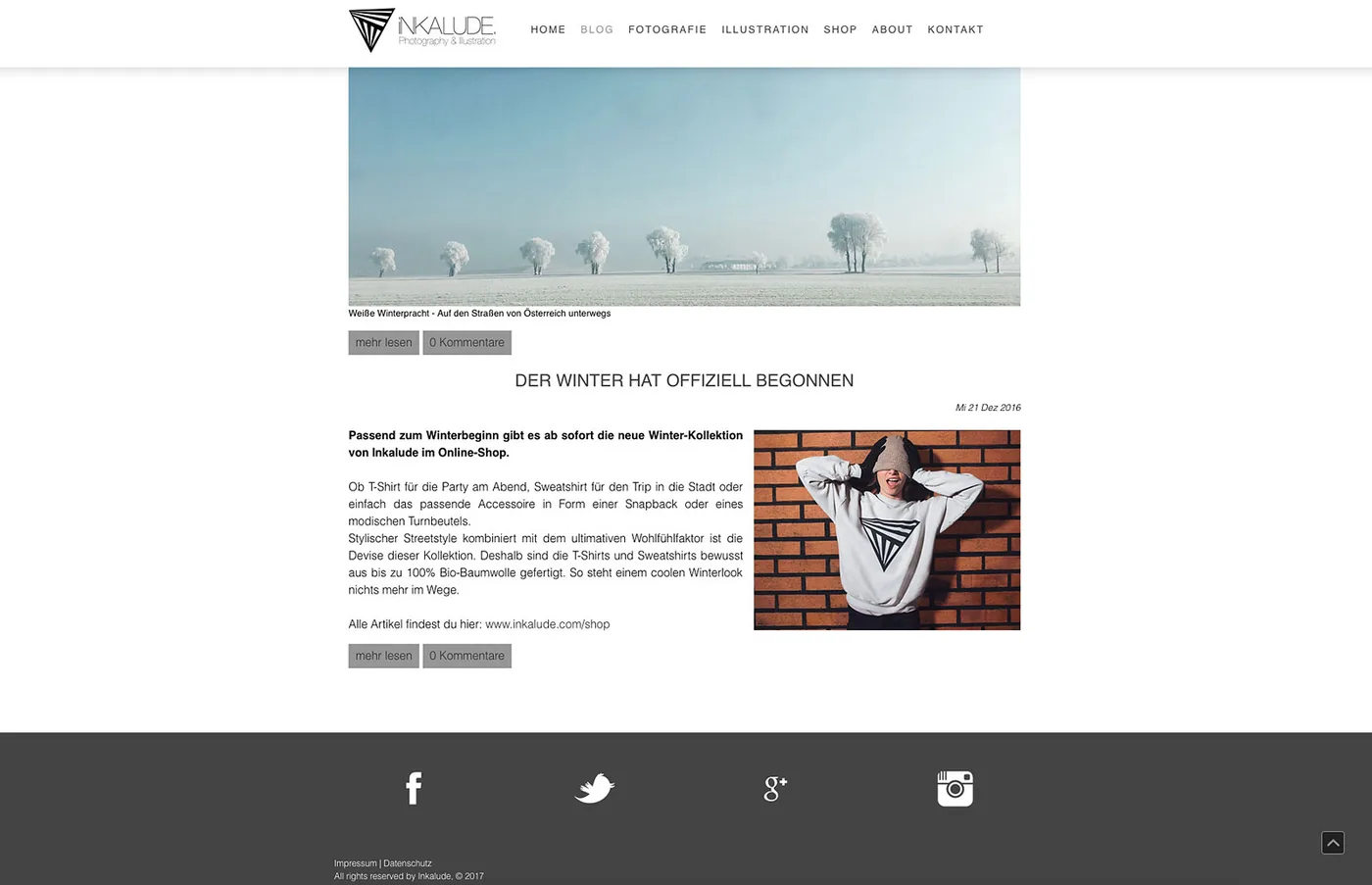 Inkalude blog page with winter photography and a clothing collection