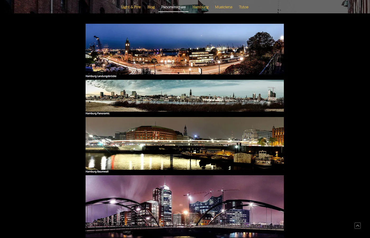 Dark photography website with panoramic photos of Hamburg