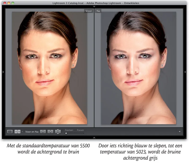Before and after comparison of a warm and corrected portrait in Lightroom