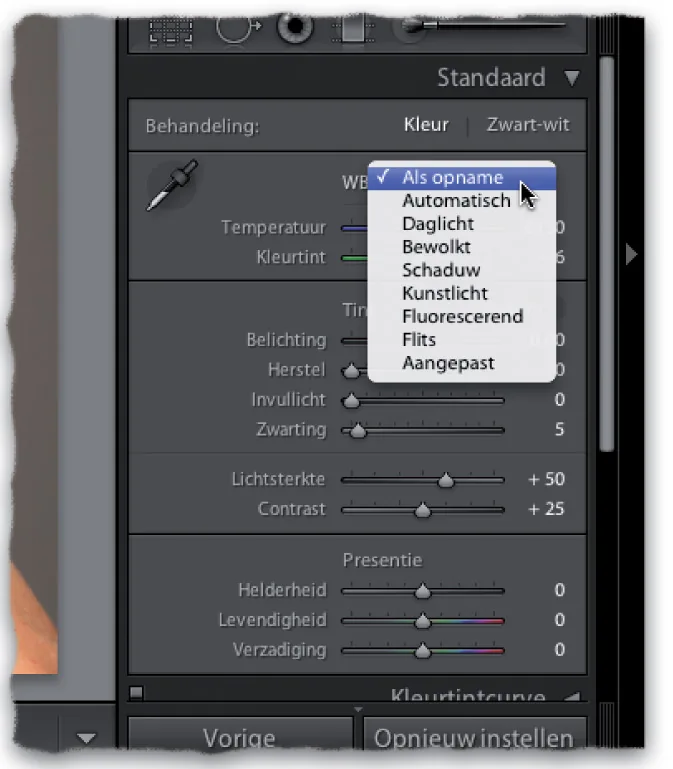 Drop-down list of white balance presets in Lightroom 3