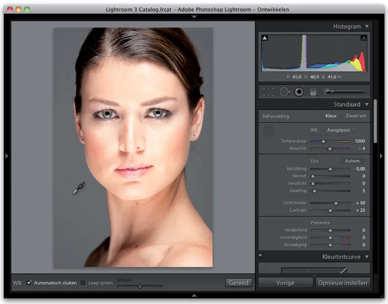 White balance selector on a gray background next to a portrait in Lightroom