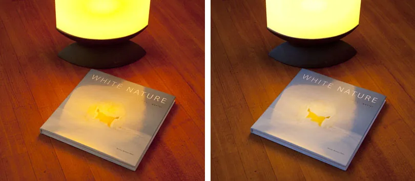 foto lamp en dvd op tafel, ‍Links: Automatische witbalans, rechts: Witbalans met Expodisc. Beide opnamen diafragma F11, sluitertijd 1,3 S In deze opnamen is kunstlicht en daglicht gecombineerd.