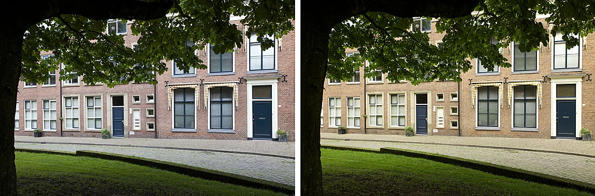foto van straat in bocht met huizen achter boomgebladerte, ‍Links: Automatische witbalans, rechts: Witbalans met Expodisc. Beide opnamen diafragma F11, sluitertijd 1/50 S.