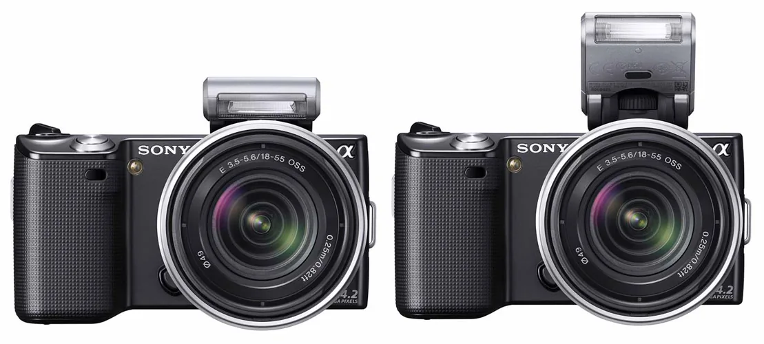 Two Sony NEX system cameras with different add-on flashes