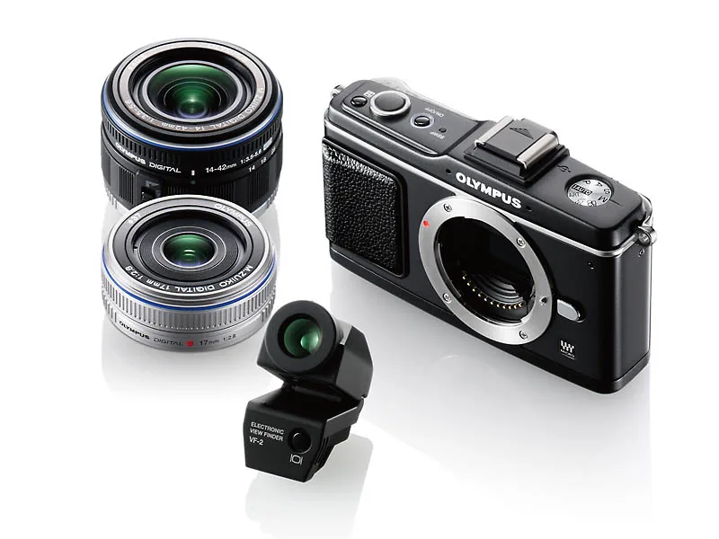Olympus PEN E-P2 with two lenses and separate electronic viewfinder