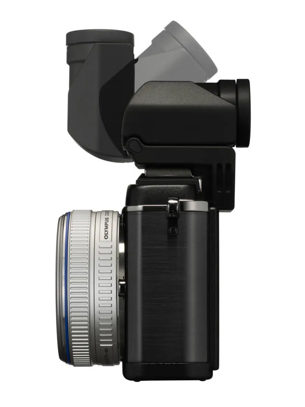 Side view of the Olympus PEN E-P2 with the electronic viewfinder folded up