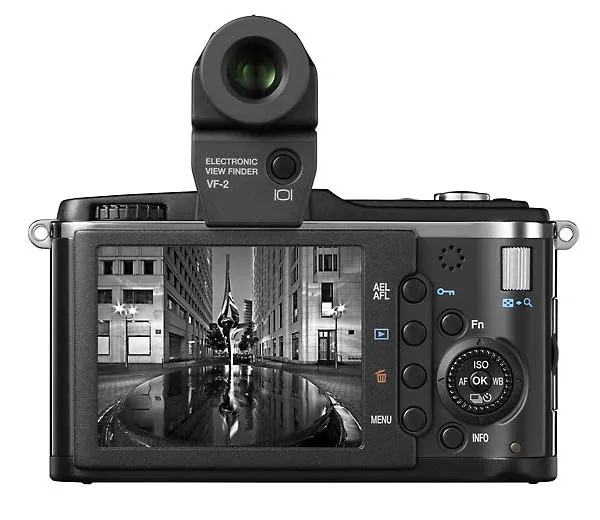 Back of the Olympus PEN E-P2 with electronic viewfinder and LCD screen
