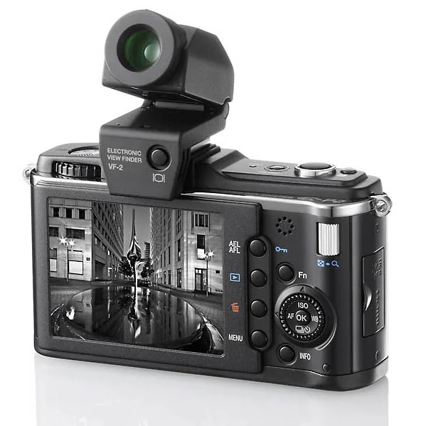 Rear view of the Olympus PEN E-P2 with the VF-2 viewfinder raised