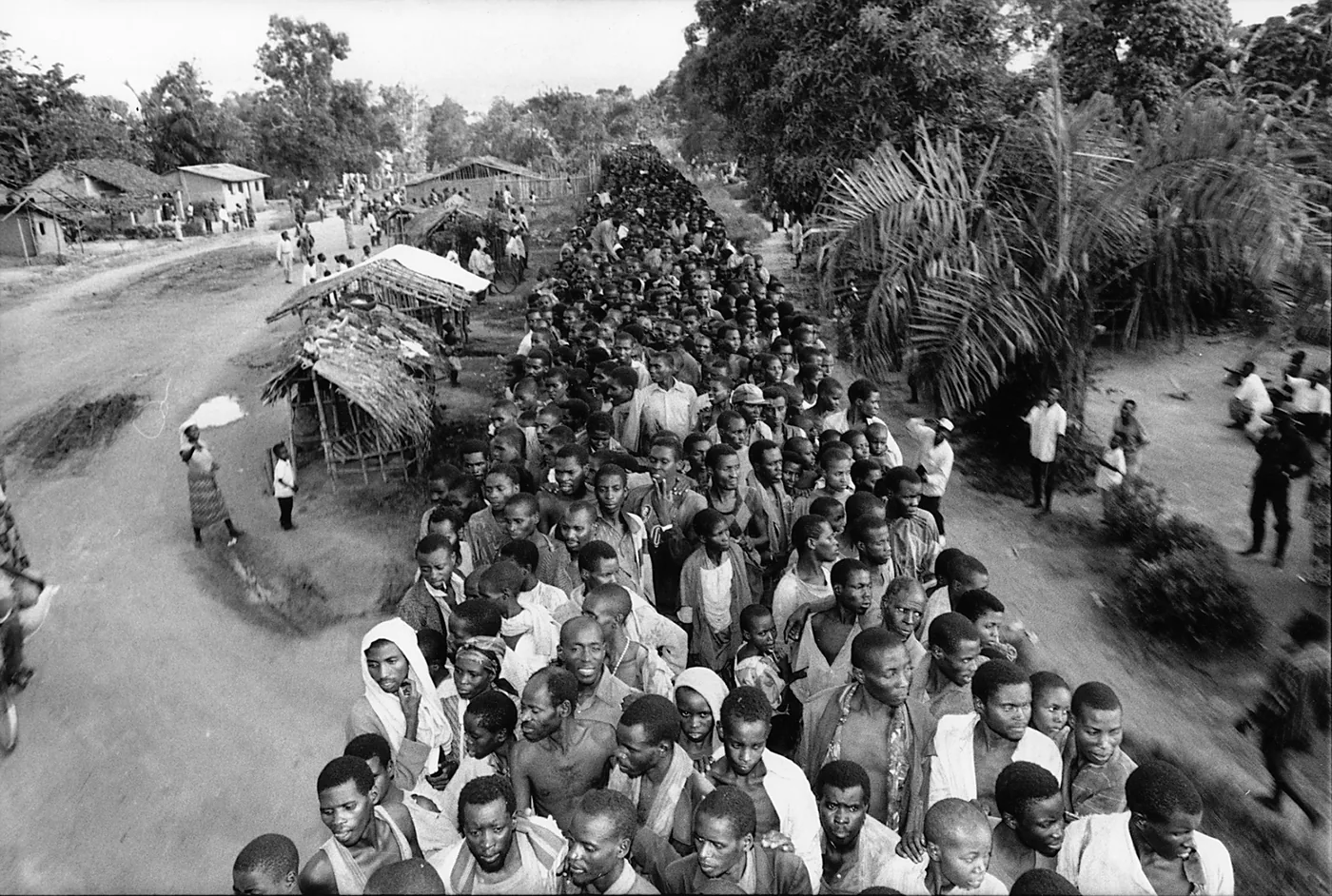Photograph of a line of workers in Rwanda in a forest with huts