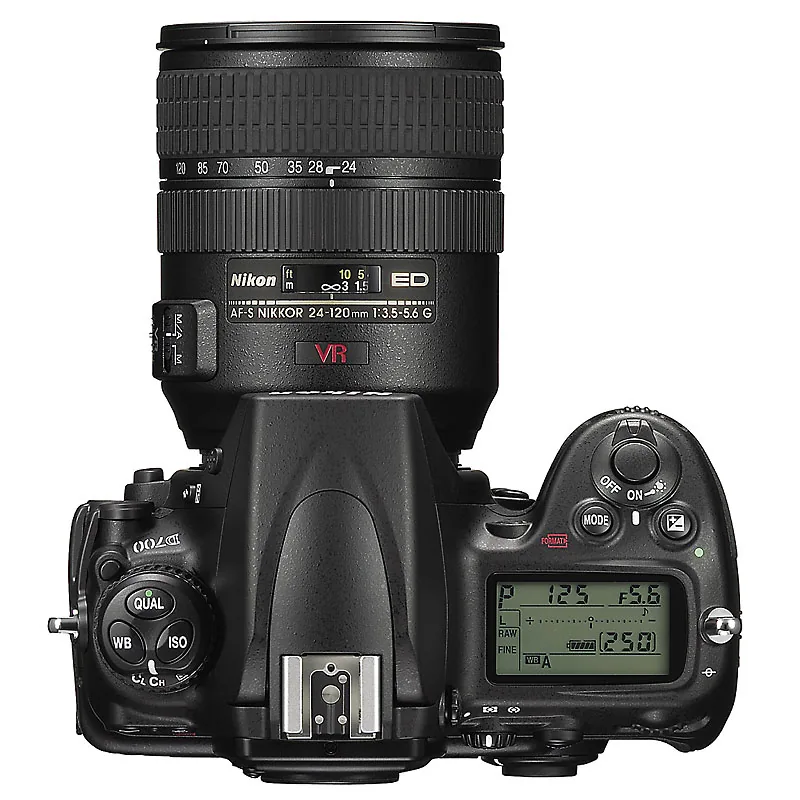 Top view of the Nikon D700 with 24–120mm VR lens