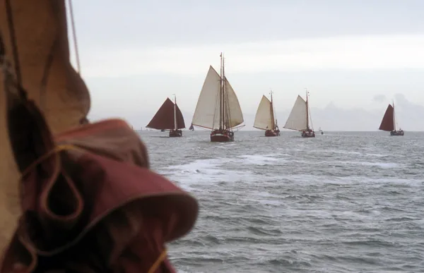 Sailing ships on the tidal flats.