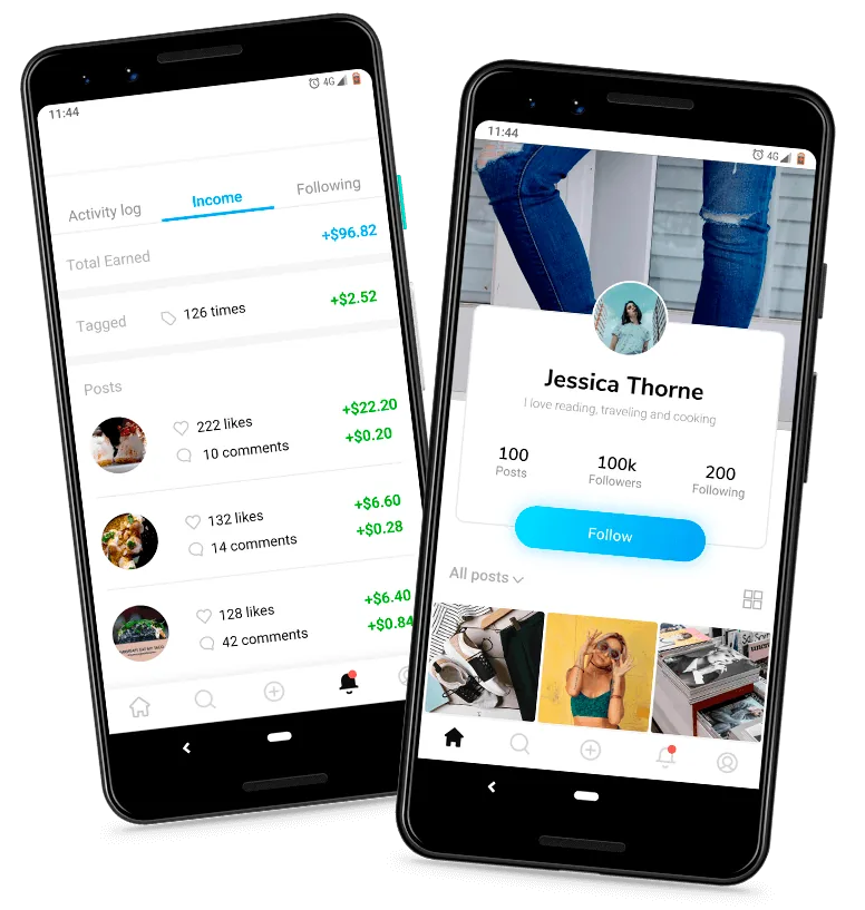 Earnings and profile screens of the Relica app on smartphones