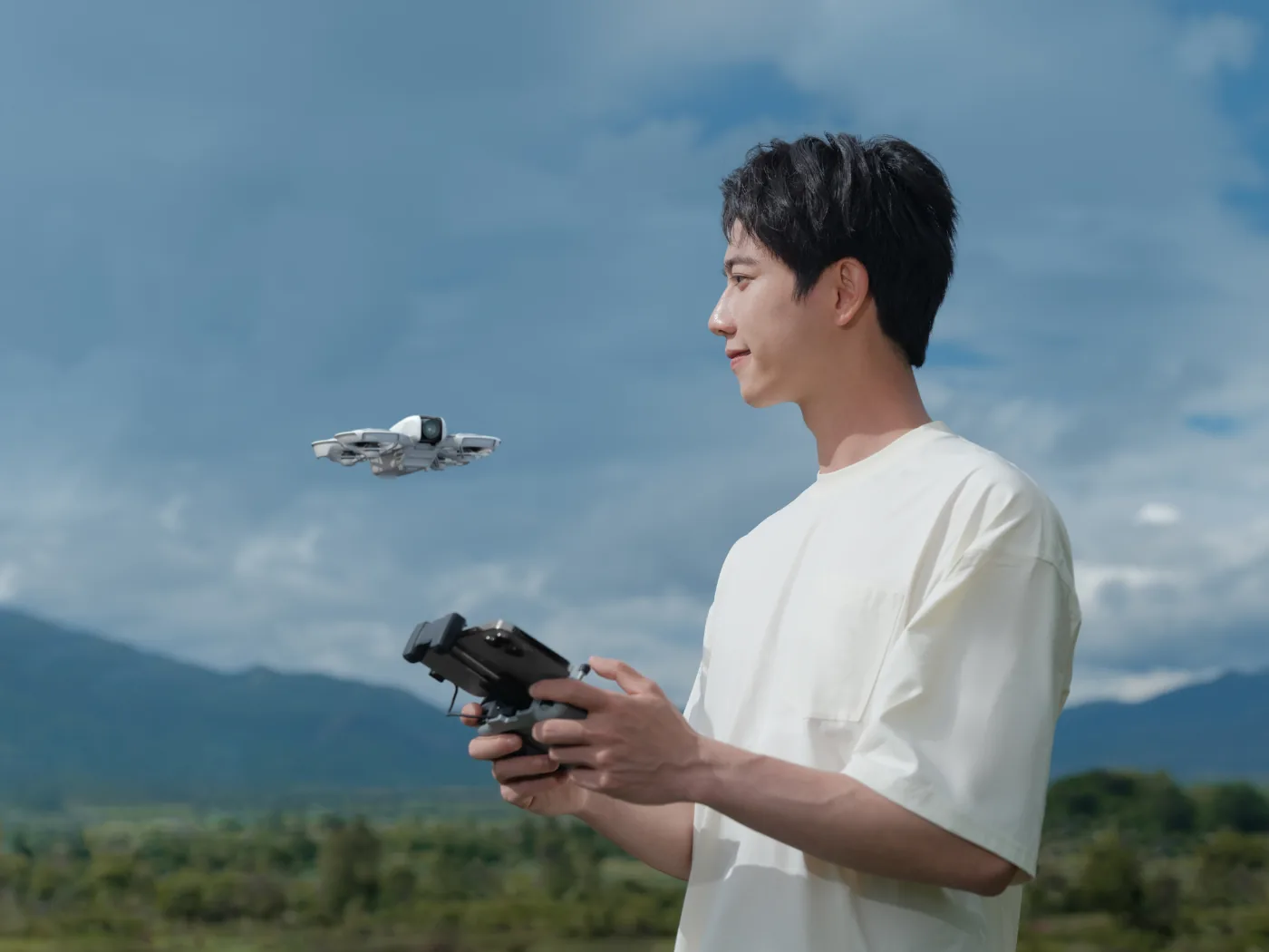 DJI Neo drone in flight with its built-in positioning system