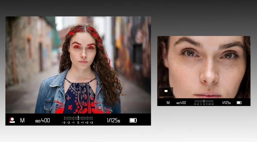 Electronic viewfinder showing a portrait of a woman with red focus-peaking highlights