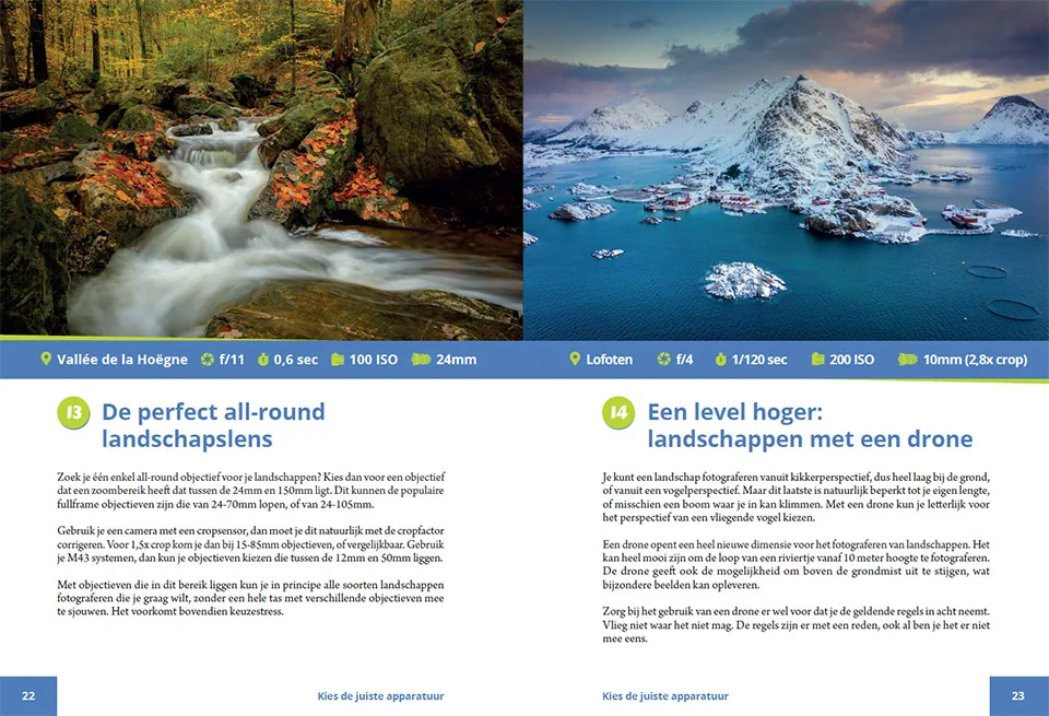 Binnenpagina uit De Landschapsbijbel met voorbeelden over een all-round landschapslens en landschapsfotografie met een drone, inclusief beek in herfstbos en besneeuwd kustlandschap vanuit de lucht.