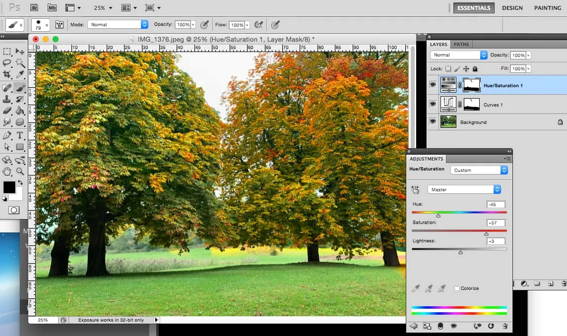 Computer screenshot showing trees being edited to autumn colors in Photoshop