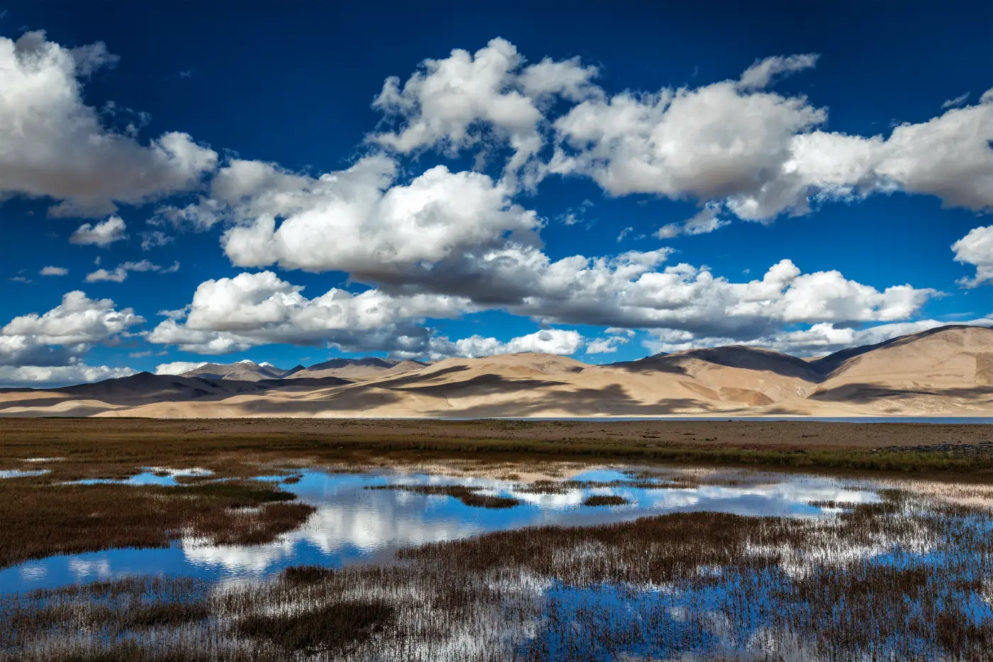 Tso Moriri-meer in de Himalaya met spiegelend water, berglandschap en witte wolken tegen een diepblauwe lucht.