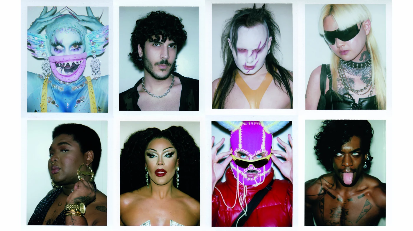 Raster van acht Polaroidportretten van verschillende personen in opvallende make-up, maskers en cluboutfits.