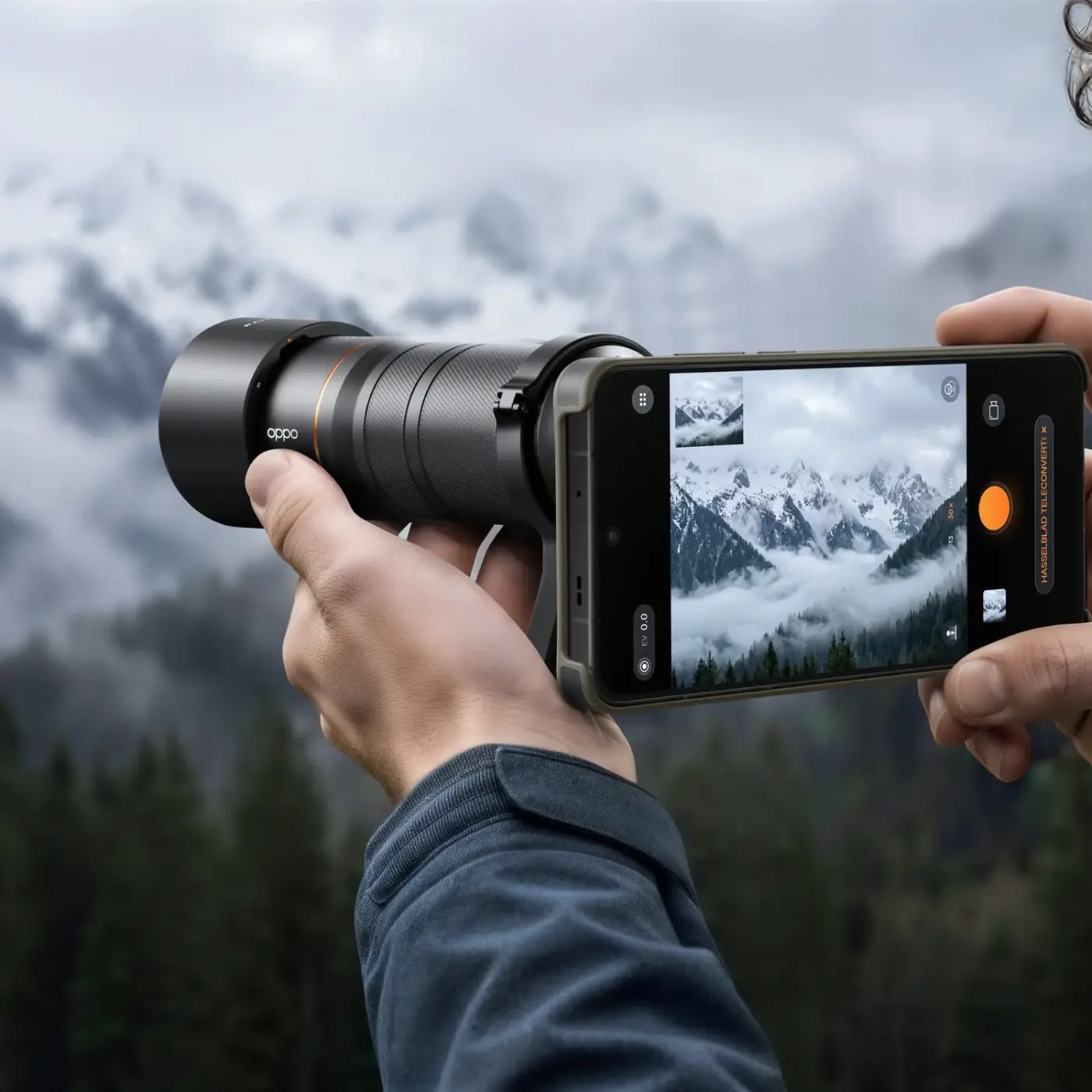O Find X9 Ultra met Hasselblad Earth Explorer Kit en 300mm-teleconverter gericht op besneeuwde bergen