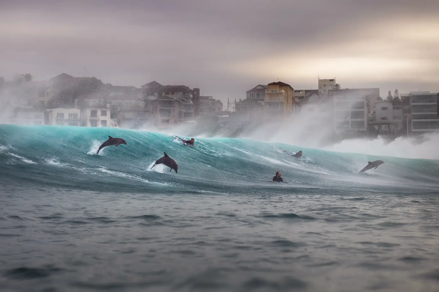 Leaping dolphins and surfers in a high wave at Tamarama Beach in Sydney.
