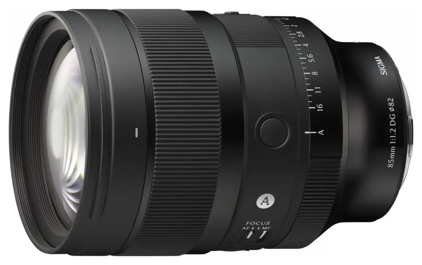 Angled side view of the Sigma 85mm F1.2 DG Art against a white background.