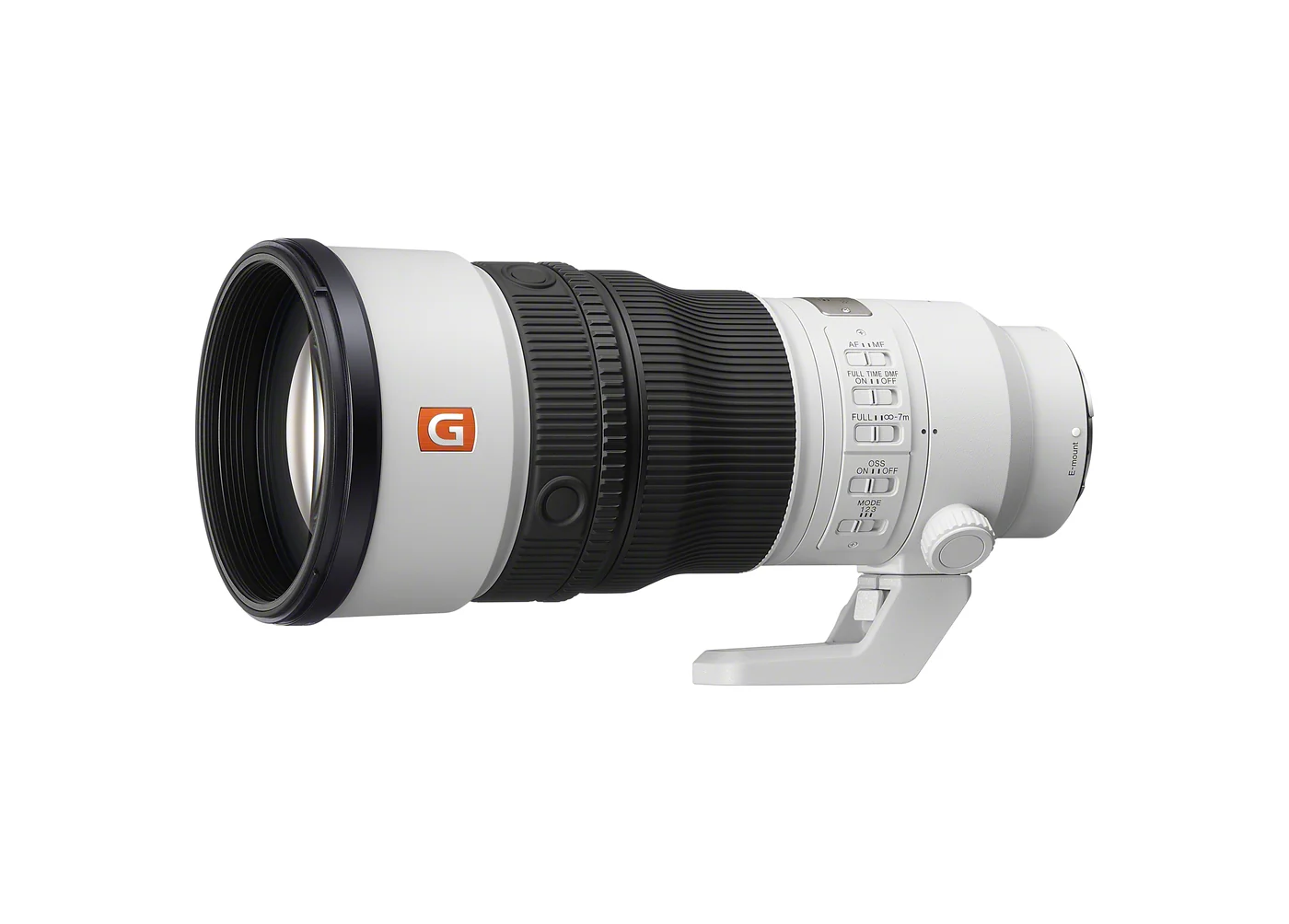 Angled side view of the Sony FE 400mm F4.5 GM OSS against a white background.