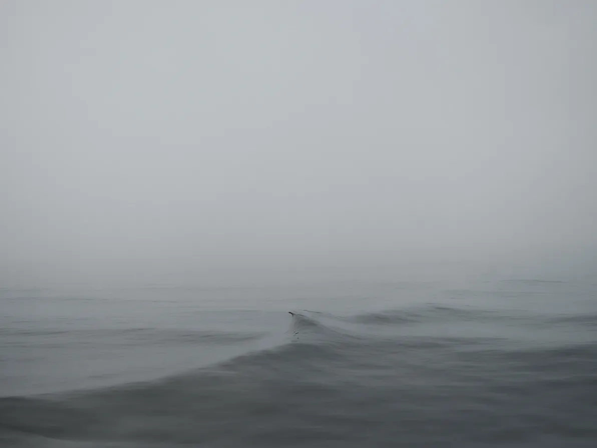 Een kleine golf in een grijze, mistige zee met een nauwelijks zichtbare horizon, gefotografeerd door Stephan Vanfleteren.