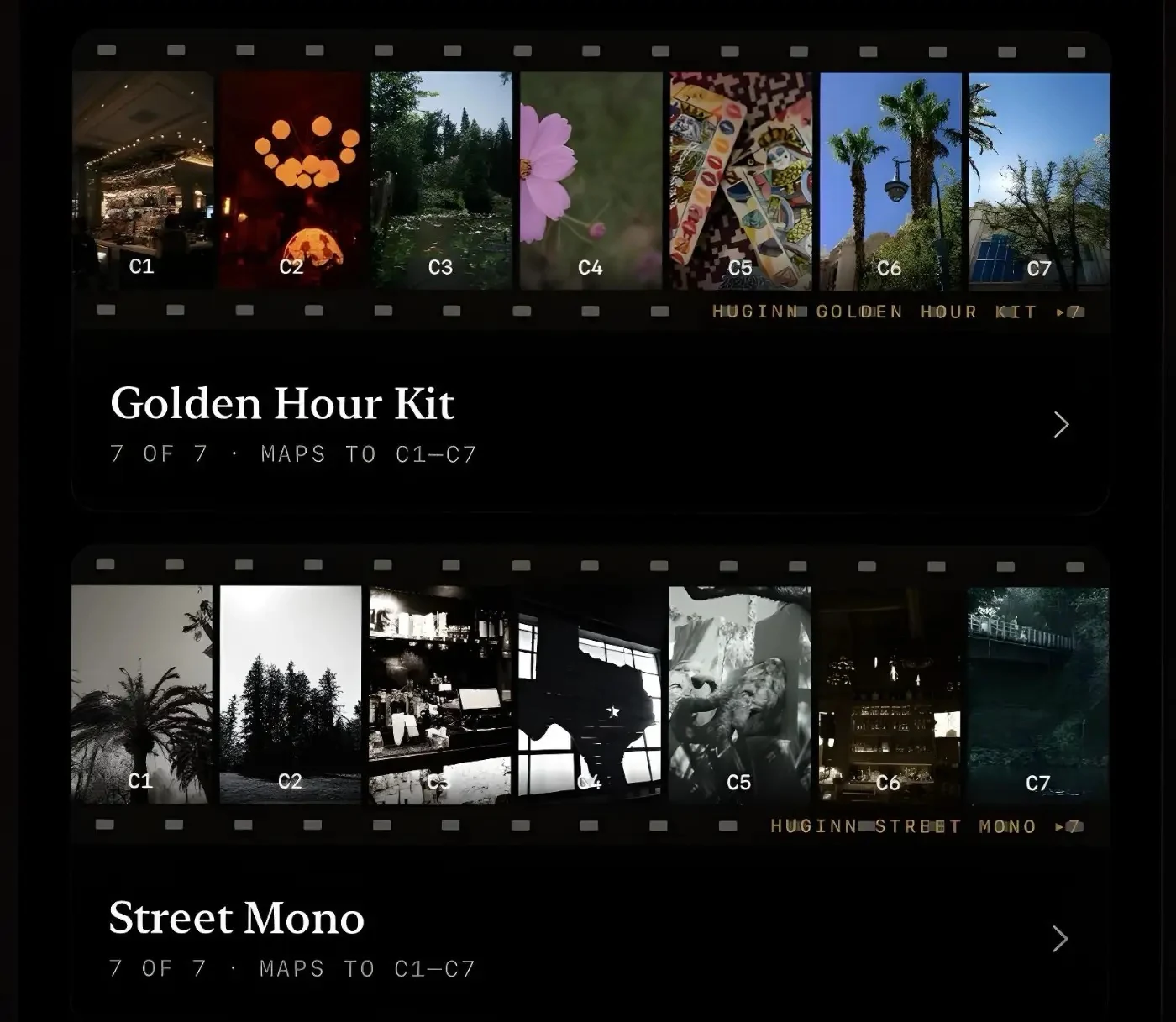 Golden Hour Kit and Street Mono in Huginn, each showing seven sample images for camera slots C1 through C7