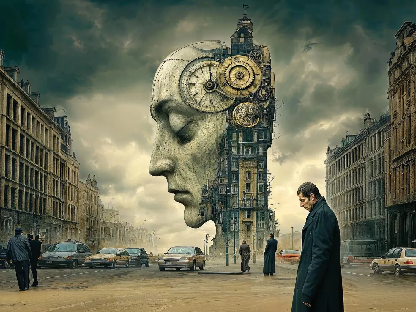 Surrealistisch stadsbeeld met een reusachtig hoofd, tandwielen en gebouwen onder een donkere lucht.
