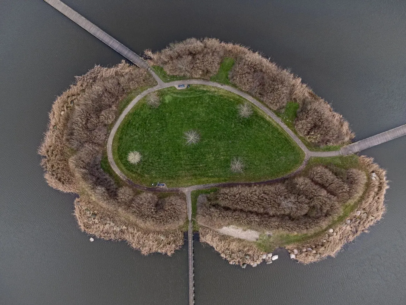 Luchtfoto recht van boven van een groen eiland met riet, wandelpaden en drie bruggen.