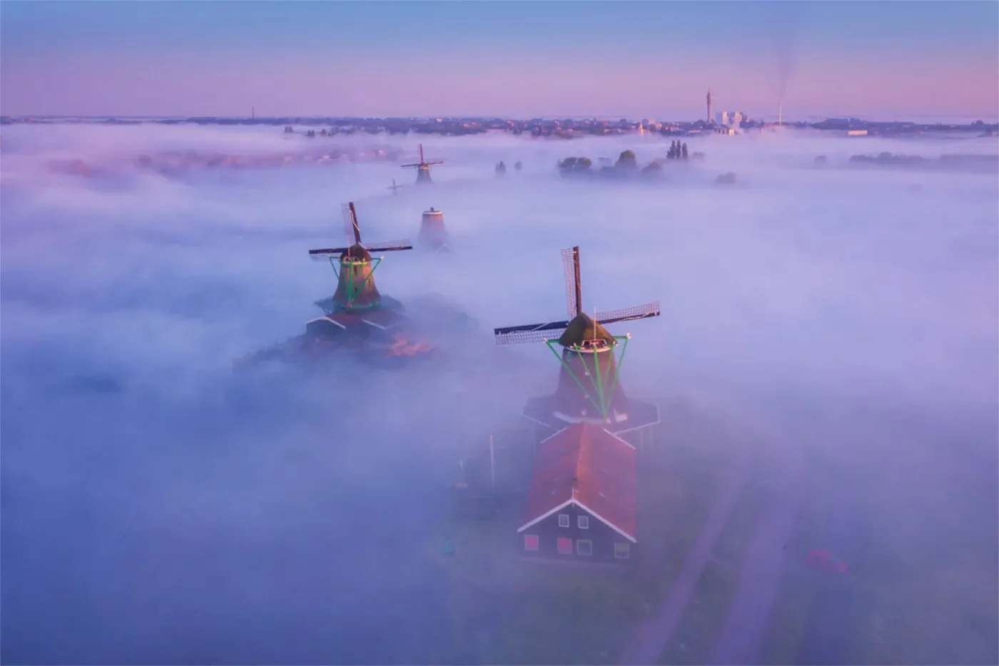 Windmolens steken boven een dikke laag mist uit in zacht paars en roze ochtendlicht.