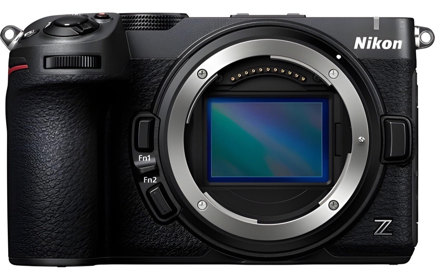 Zwarte Nikon Z5IIC van voren met zichtbare full-frame sensor