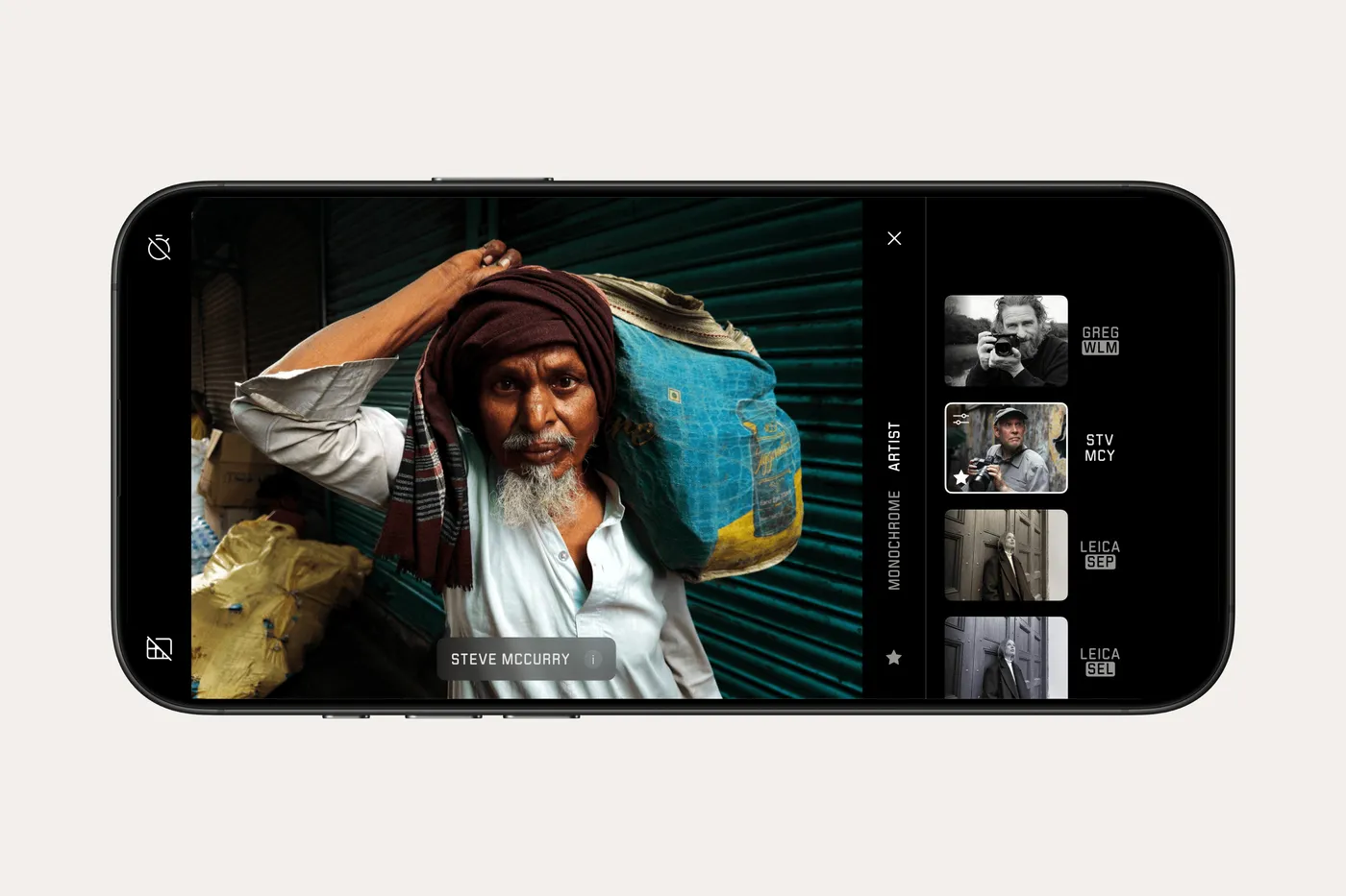 Leica LUX op een iPhone met de Steve McCurry Artist Look geselecteerd bij een portret