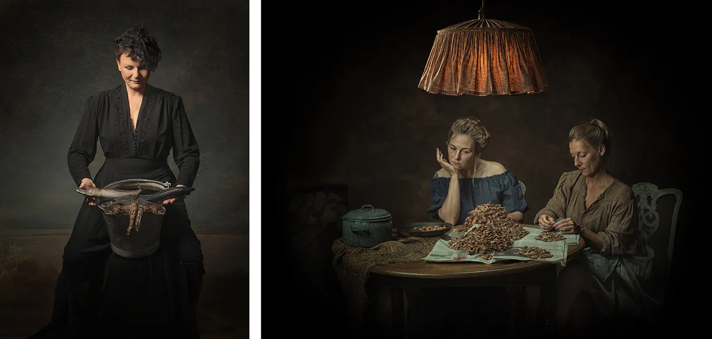 Two photographic scenes from Bijvangst: a woman holding fish and two women at a table with shrimp, by Ursula van de Bunte.