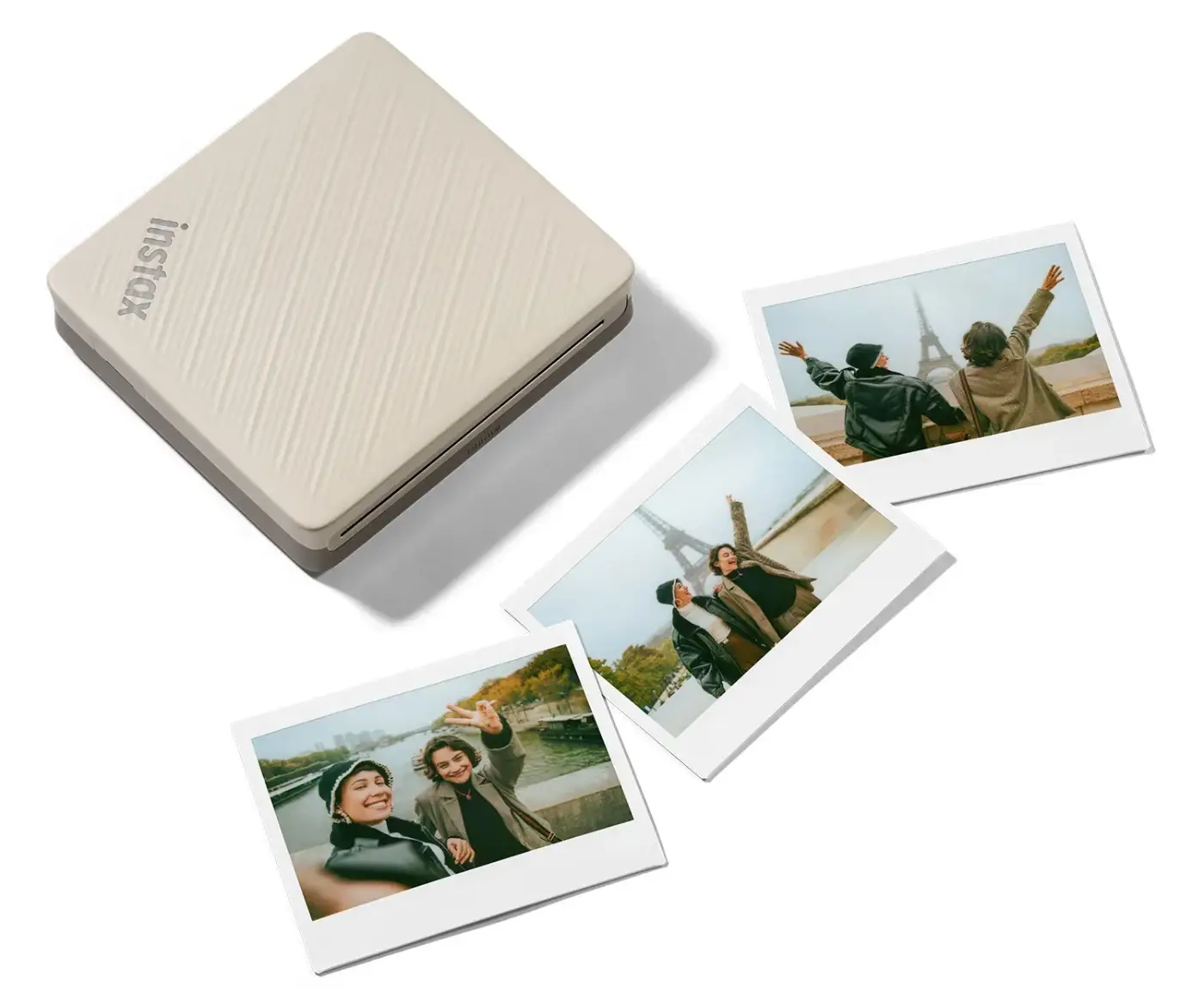 Fujifilm instax Link WIDE 2 in Duo Beige naast drie brede instantfoto’s van Parijs