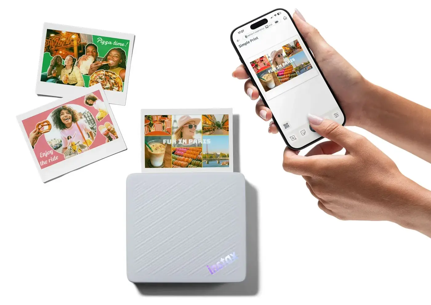 Fujifilm instax Link WIDE 2 in Duo Blue met een smartphone en geprinte fotocollages