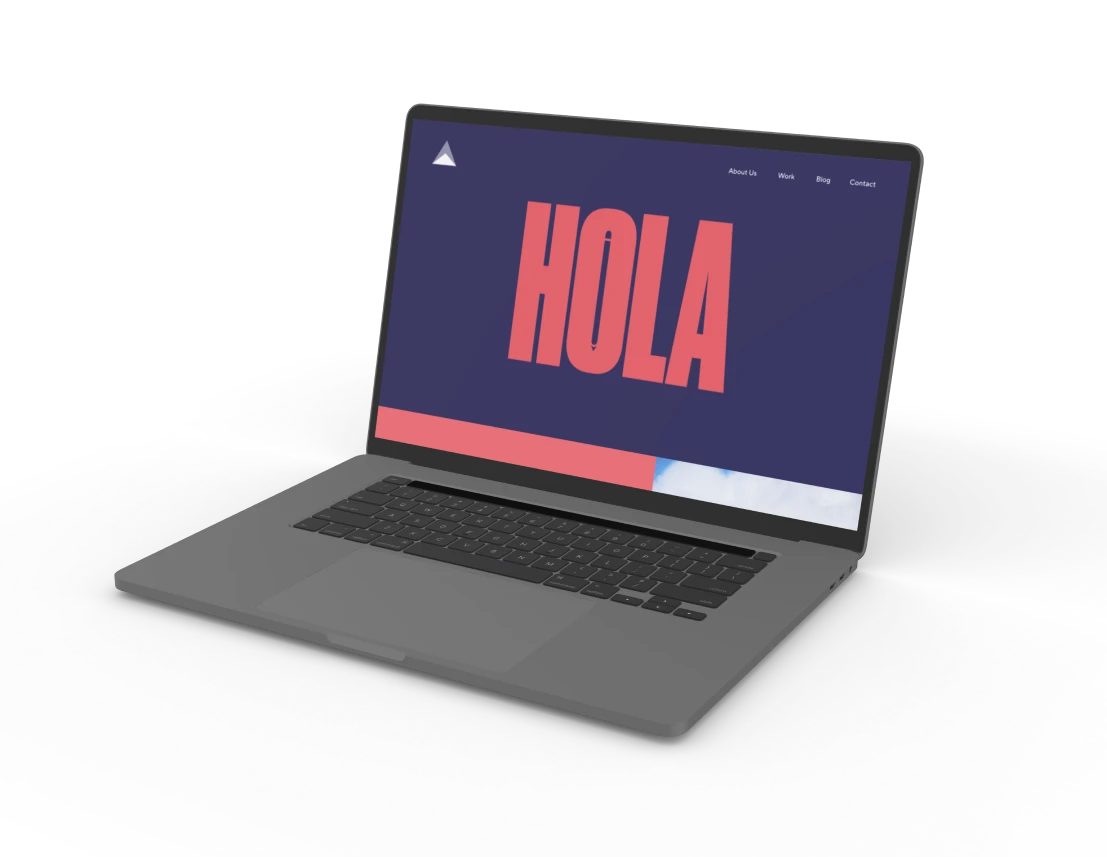 A laptop showing a full screen preview of the homepage design. It says "HOLA" in big red letters. The O has the shape of a pencil illustrated in the centre.