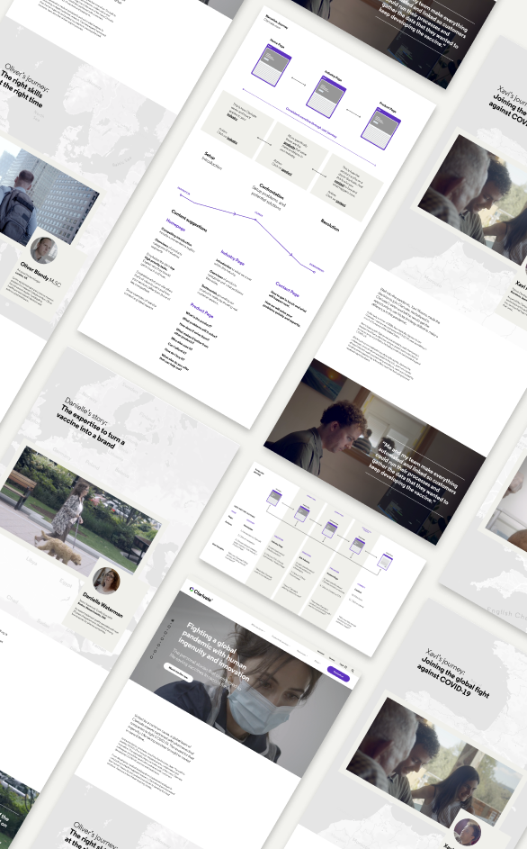 A montage of page web page designs and user research presentation slides.