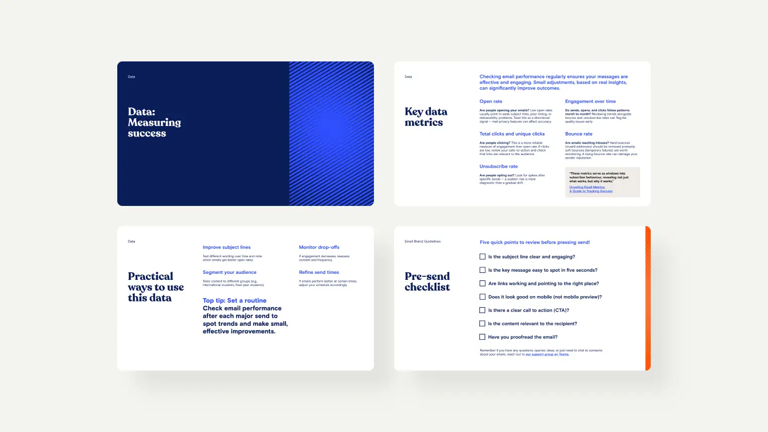 Four-panel infographic titled 'Data: Measuring success' with sections on key email data metrics like open rate, clicks, unsubscribe rate, engagement, and bounce rate. It also offers practical tips such as improving subject lines, audience segmentation, monitoring drop-offs, and refining send times. A top tip advises setting a routine to check email performance after major sends. The last panel is a pre-send checklist with seven points to review before pressing send, including subject line clarity, message spotting ease, link accuracy, mobile display, call to action, content relevance, and proofreading.