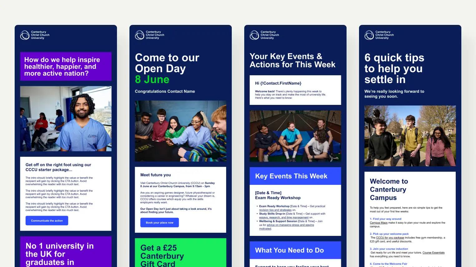 Four vertical panels displaying promotional content from Canterbury Christ Church University, featuring diverse students in various settings including a classroom, social gathering, sports area, and campus walk. The panels include headlines such as inspiring a healthier nation, open day on 8 June, key events and actions for the week, and tips to help new students settle in, along with calls to action and brief informational text.