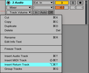 An image describing how to insert returns tracks in Ableton.